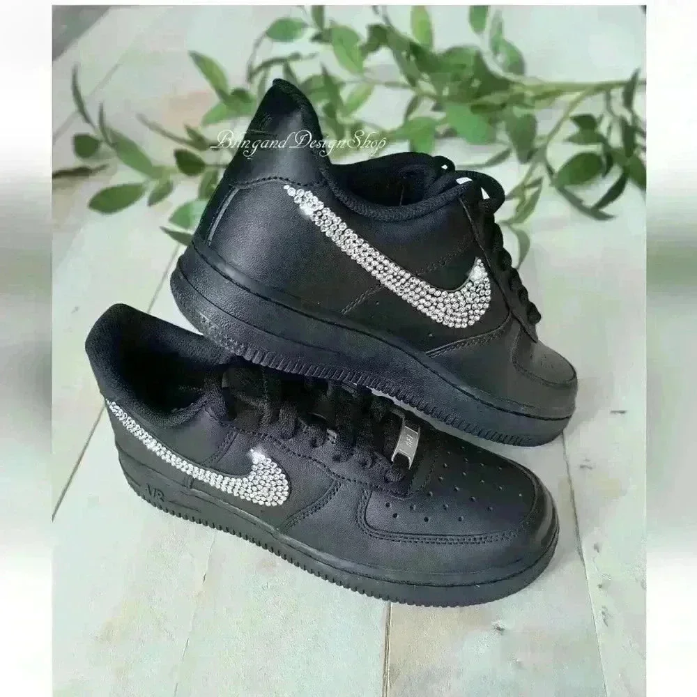 Nike Air Force 1 07 Black Sneakers Shoes made with Swarovski Crystal Bling Nikes